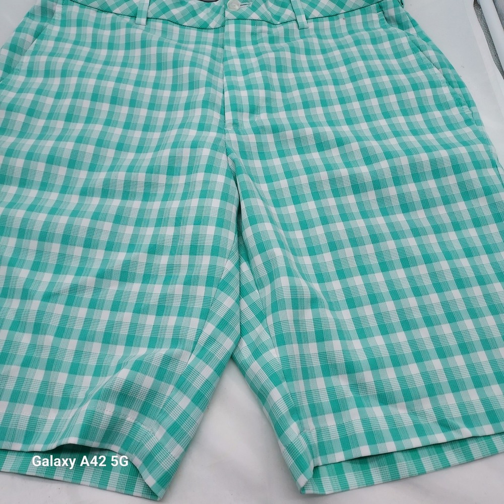 Walter Hagen 11 Majors Mens Golf Shorts Teal White Gingham Plaid SZ 34 Polyester